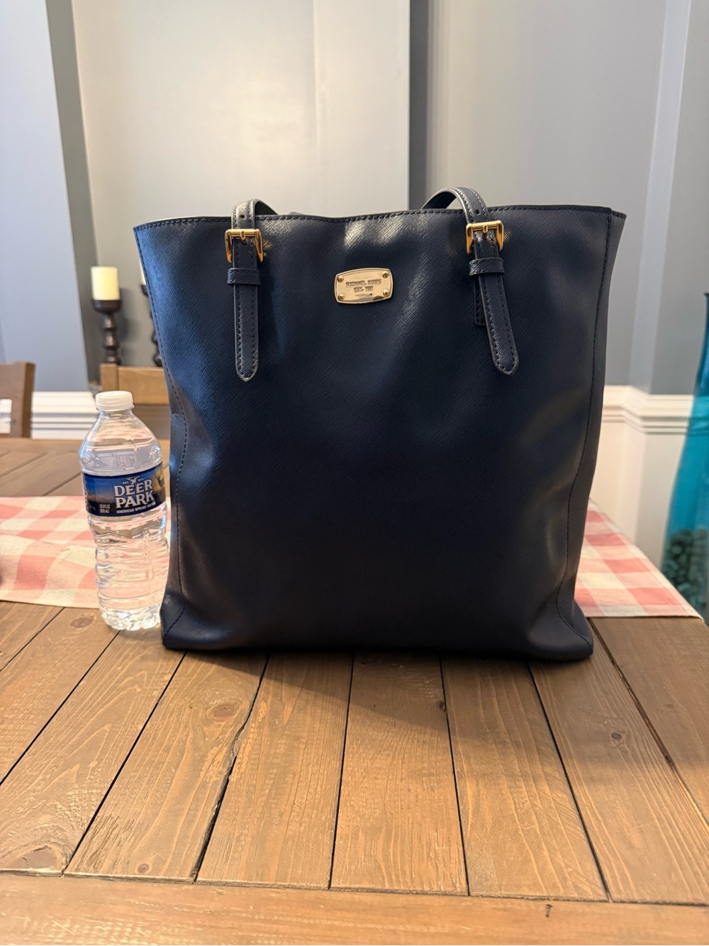 Michael Kors Navy Saffiano Tote with Gold Hardware